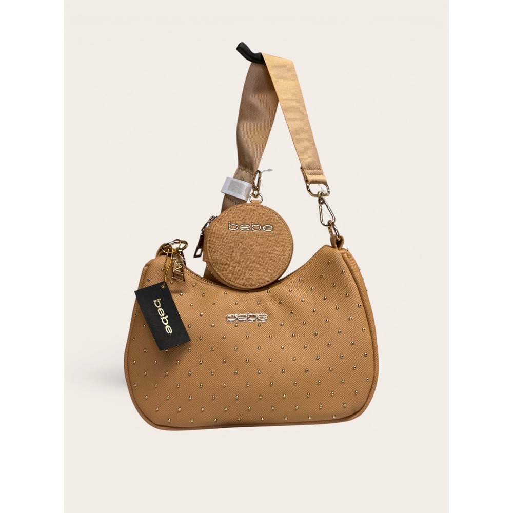 Bebe Studded Hobo Shoulder Bag Tan Faux Leather with Coin Purse New